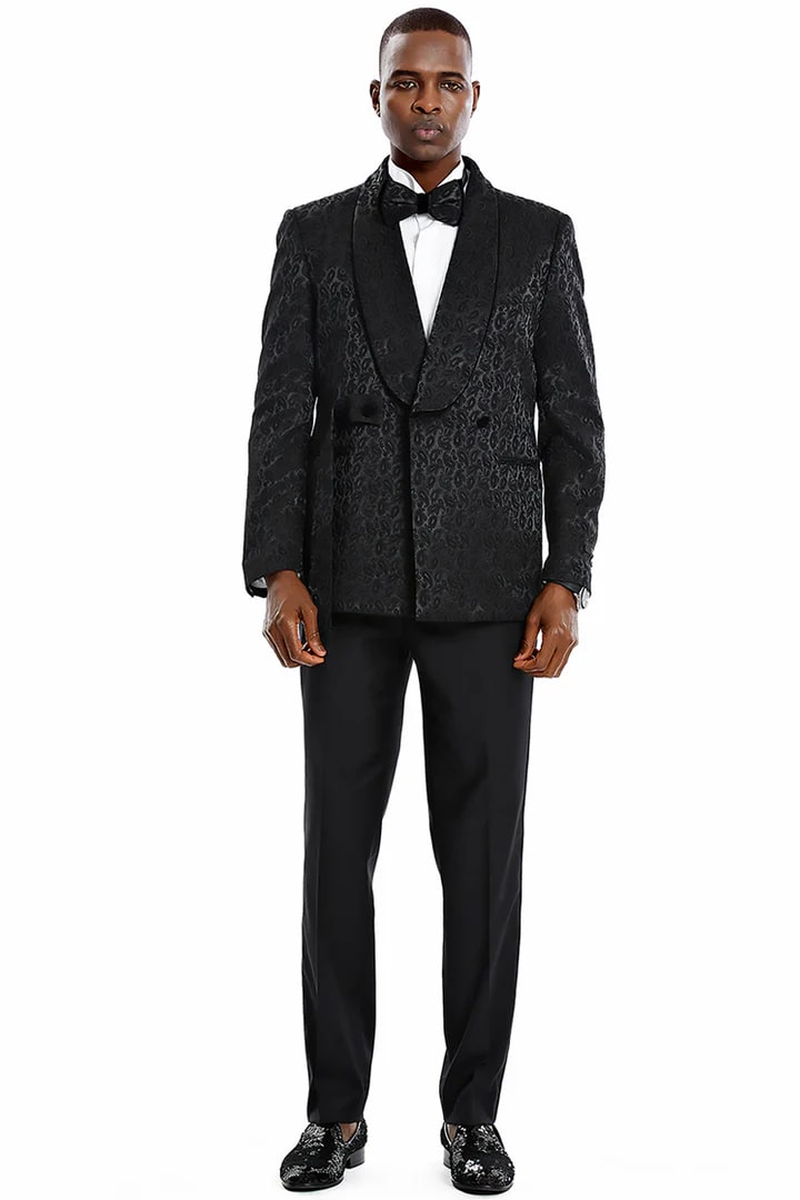 Cheap priced Suit- Men's Slim Fit Double Breasted Smoking Jacket Prom 2026 & Wedding   Black  Tuxedo Paisley - 38 Short Jacket+32 Waist Adjustable 28to34)(Height: 5 4 to5 7 )(Neck  15-16.5)S-M)