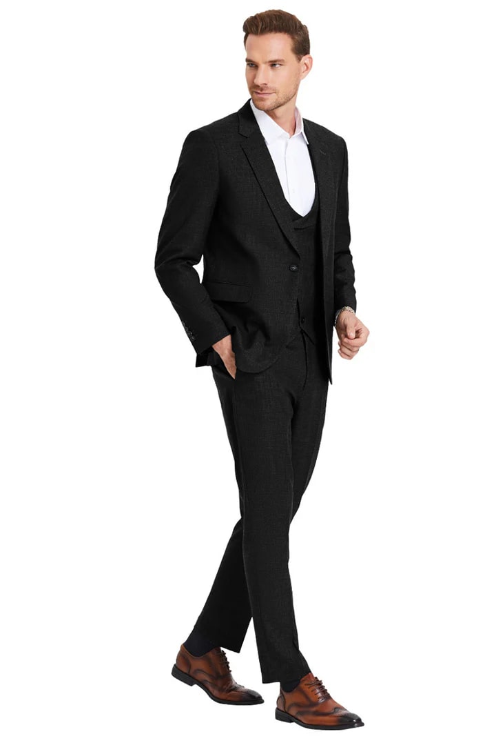 Cheap Suit - Men's One Button Double Breasted Vest Slim Fit Sharkskin Wedding Black Suit