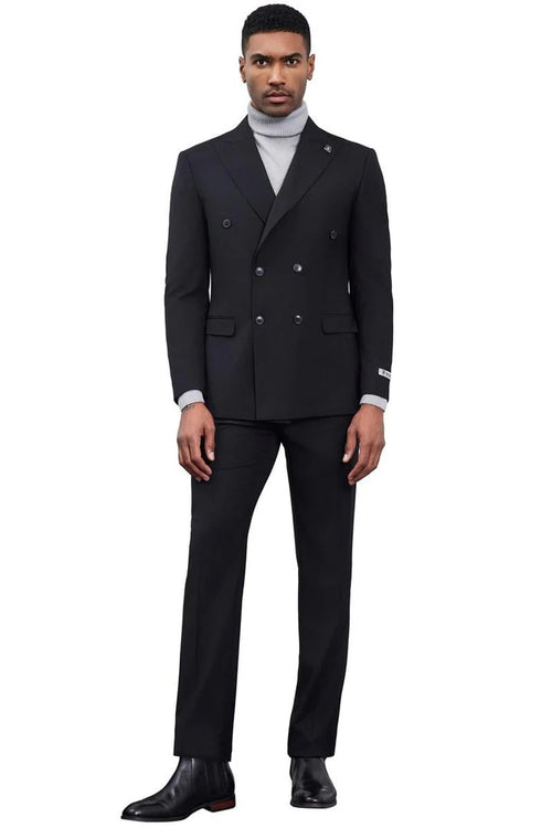 Cheap Priced Suit - Men's Designer Stacy Adams Classic Double Breasted Black Suit