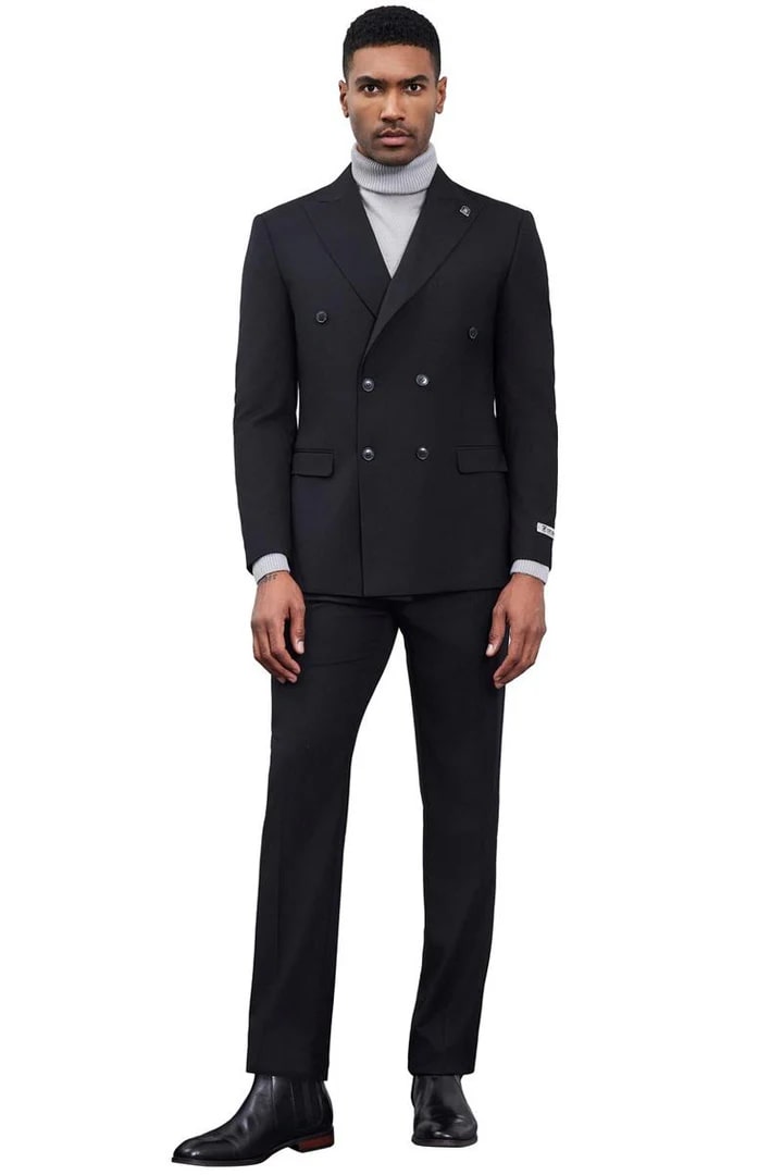 Cheap Priced Suit - Men's Designer Stacy Adams Classic Double Breasted Black Suit - 38 Short Jacket+32 Waist Adjustable 28to34)(Height: 5 4 to5 7 )(Neck  15-16.5)S-M)