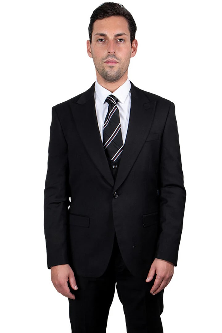 Cheap priced Suit - Men's Vested One Button Peak Lapel Stacy Adams Black Suit - 38 Short Jacket+32 Waist Adjustable 28to34)(Height: 5 4 to5 7 )(Neck  15-16.5)S-M)