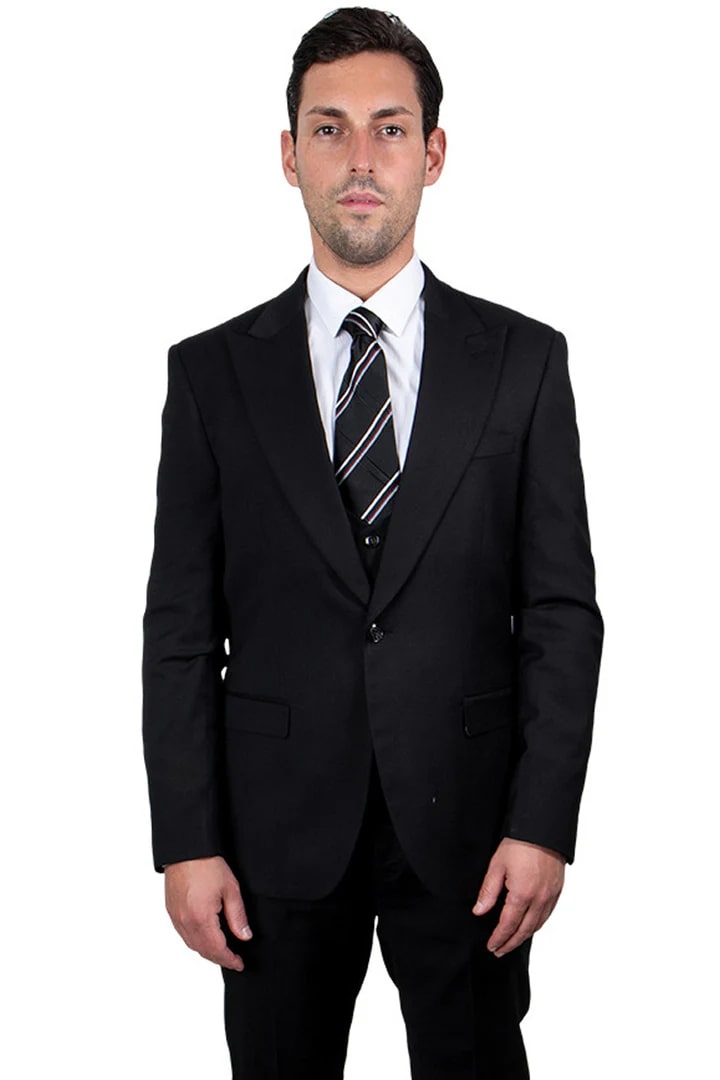 Cheap Suit - Men's Vested One Button Peak Lapel Stacy Adams Black Suit