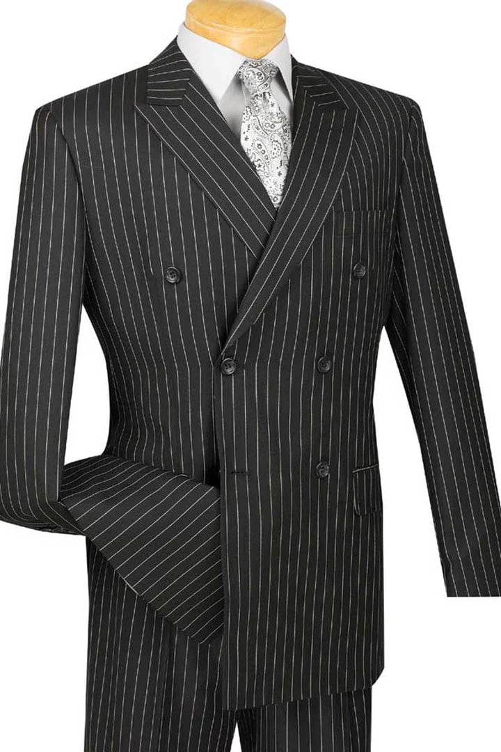 Cheap priced Suit- Mens Double Breasted Gangster Bold Pinstripe Black Suit - 38 Short Jacket+32 Waist Adjustable 28to34)(Height: 5 4 to5 7 )(Neck  15-16.5)S-M)