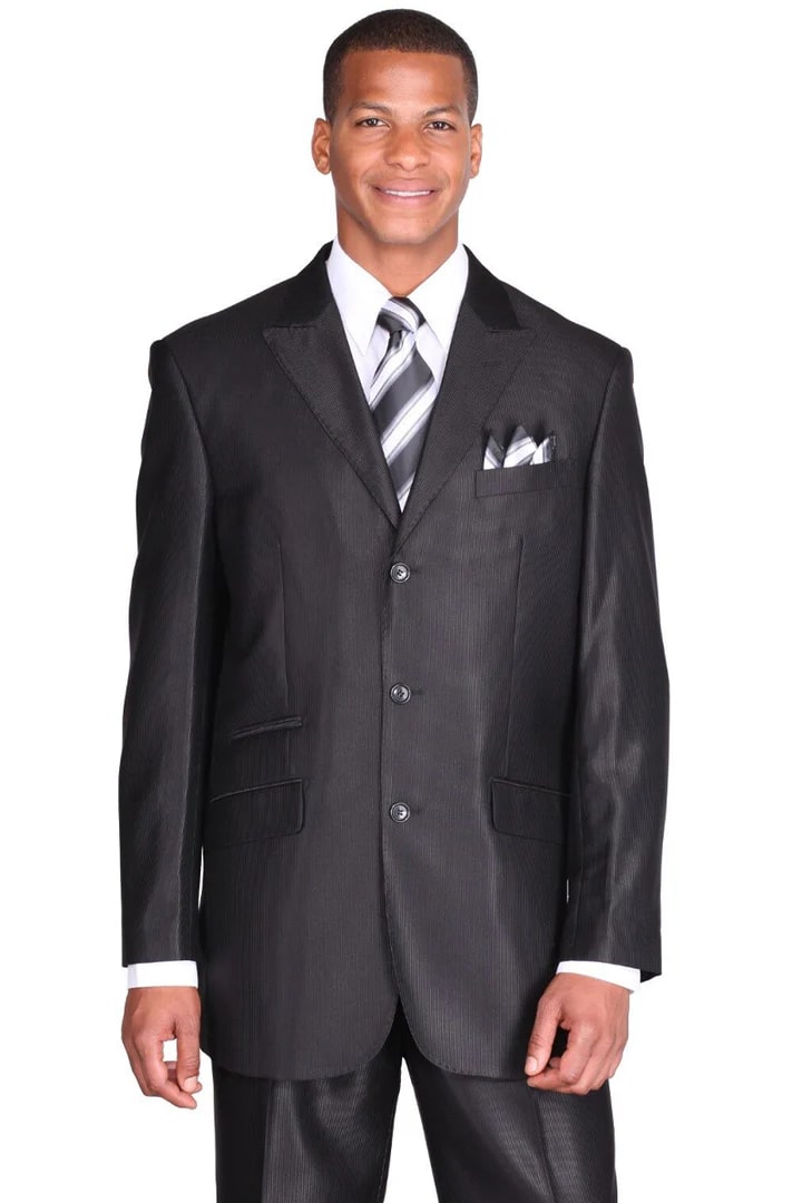 Cheap Suit - Mens 3 Button Peak Lapel Shiny Sharkskin Micro Pinstripe Black Suit