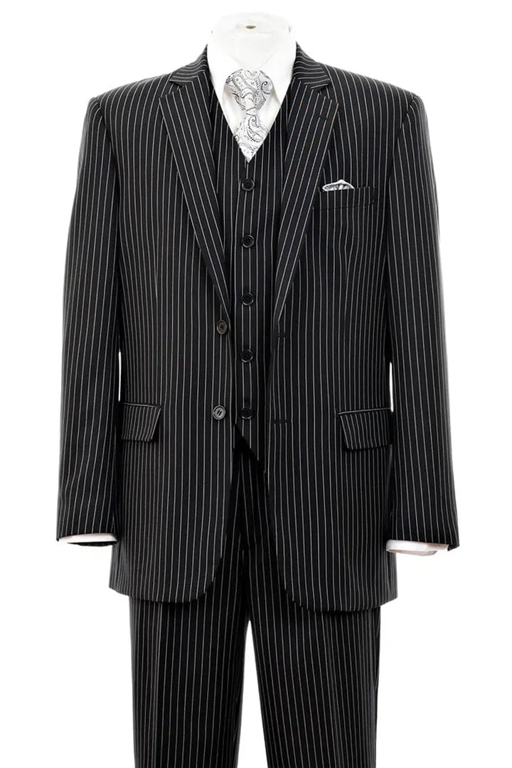 Cheap Priced Suit  - Mens 2 Button Vested Bold Pinstripe Gangster Black Suit - 38 Short Jacket+32 Waist Adjustable 28to34)(Height: 5 4 to5 7 )(Neck  15-16.5)S-M)