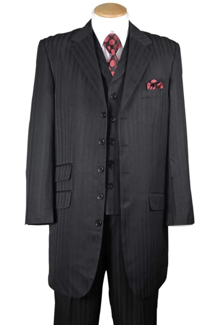 Cheap Priced Suit- Mens Long Fashion Vested Tonal Pinstripe Zoot Black Suit - 38 Short Jacket+32 Waist Adjustable 28to34)(Height: 5 4 to5 7 )(Neck  15-16.5)S-M)