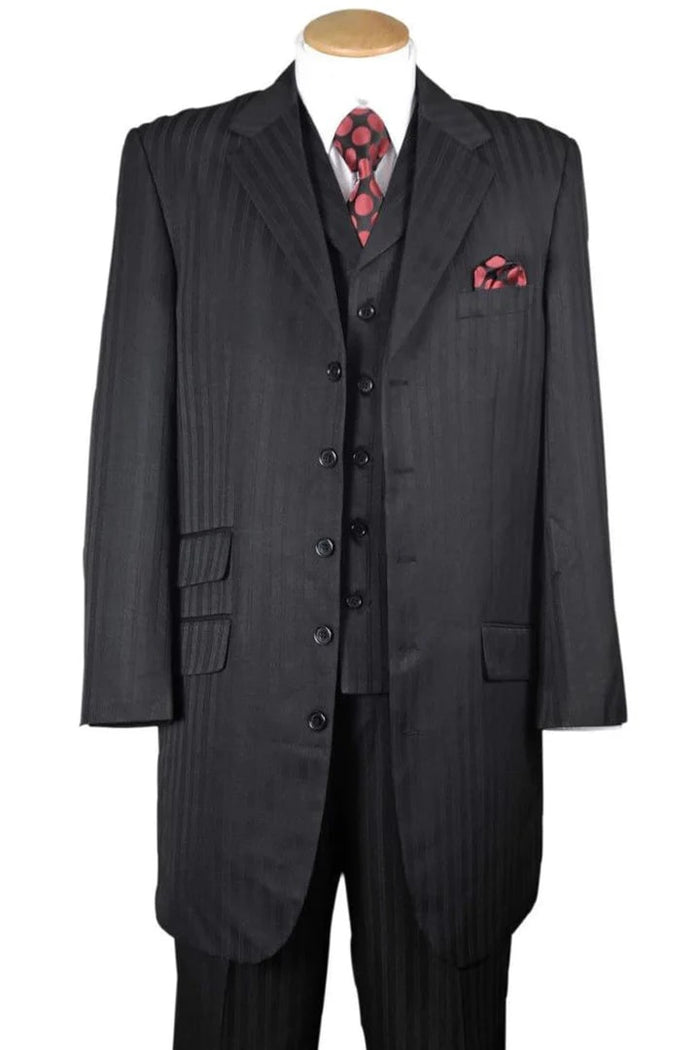 Cheap Priced Suit- Mens Long Fashion Vested Tonal Pinstripe Zoot Black Suit