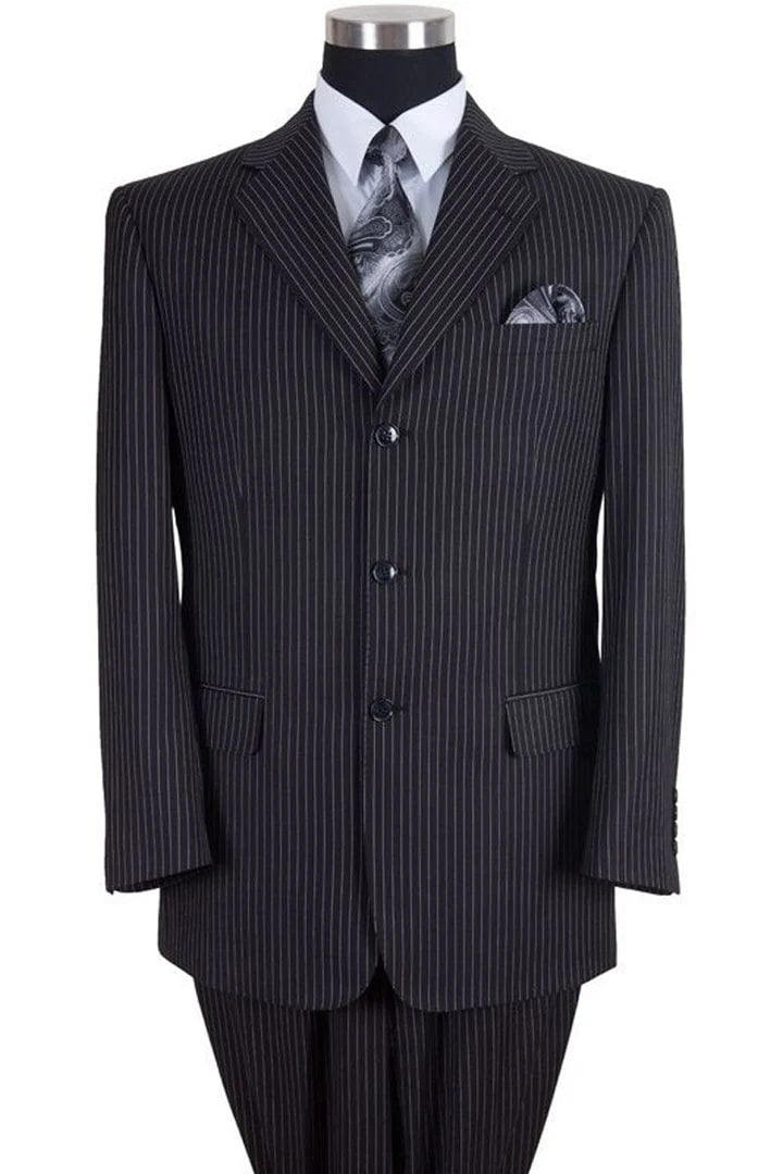 Cheap Suit - Mens Classic Fit 3 Button Banker Pinstripe Black Suit