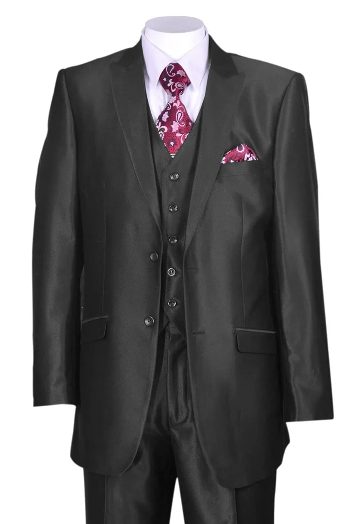 Cheap Suit - Mens 2 Button Vested Slim Fit Shiny Sharkskin Black Suit - 38 Short Jacket+32 Waist Adjustable 28to34)(Height: 5 4 to5 7 )(Neck  15-16.5)S-M)