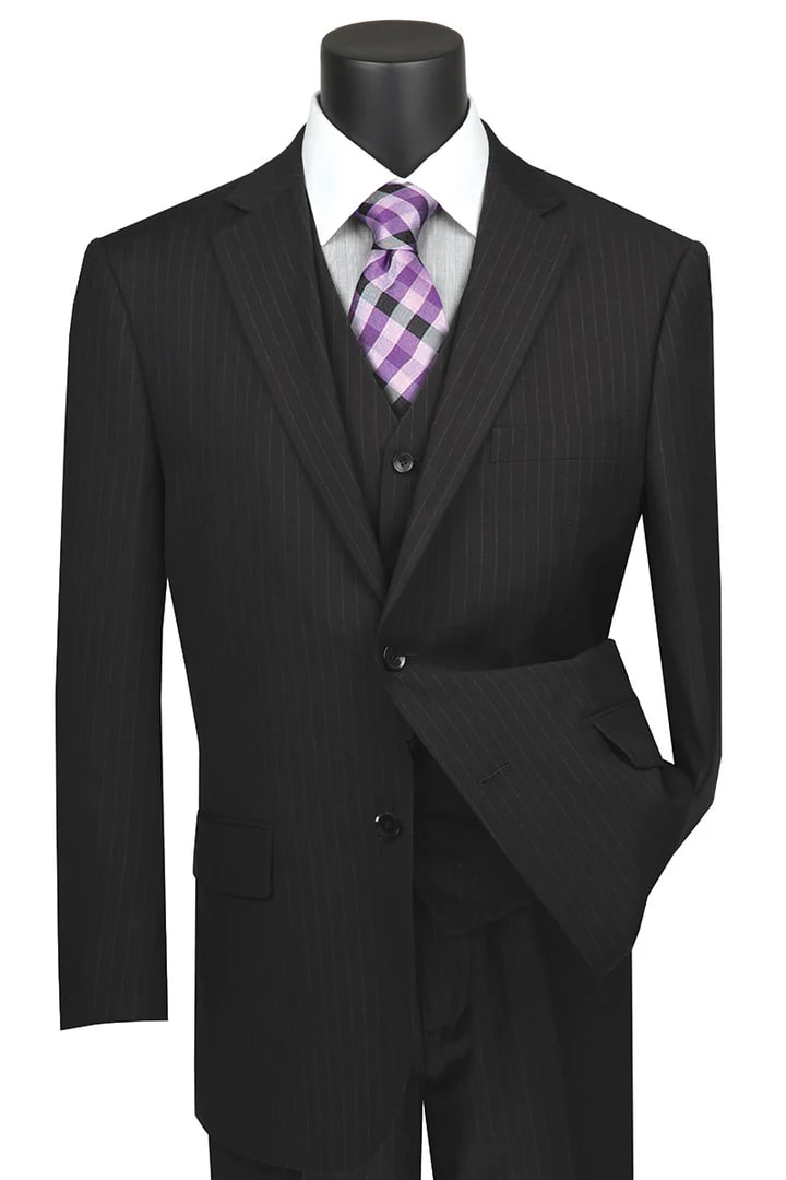 Cheap Priced Suit - Mens Classic Fit Vested Banker Pinstripe Black Suit - 38 Short Jacket+32 Waist Adjustable 28to34)(Height: 5 4 to5 7 )(Neck  15-16.5)S-M)