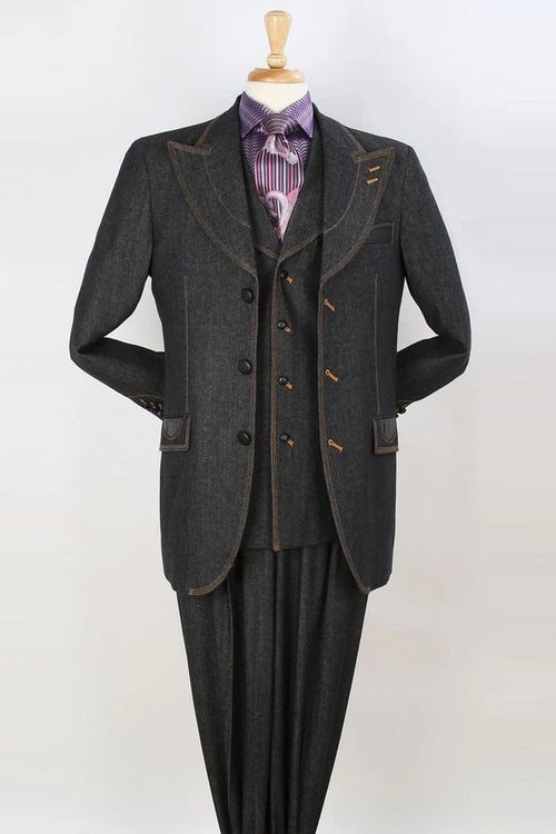 Cheap priced Suit  - Mens Three Button Vested Peak Lapel Wide Leg Pant Fashion Denim Black Suit