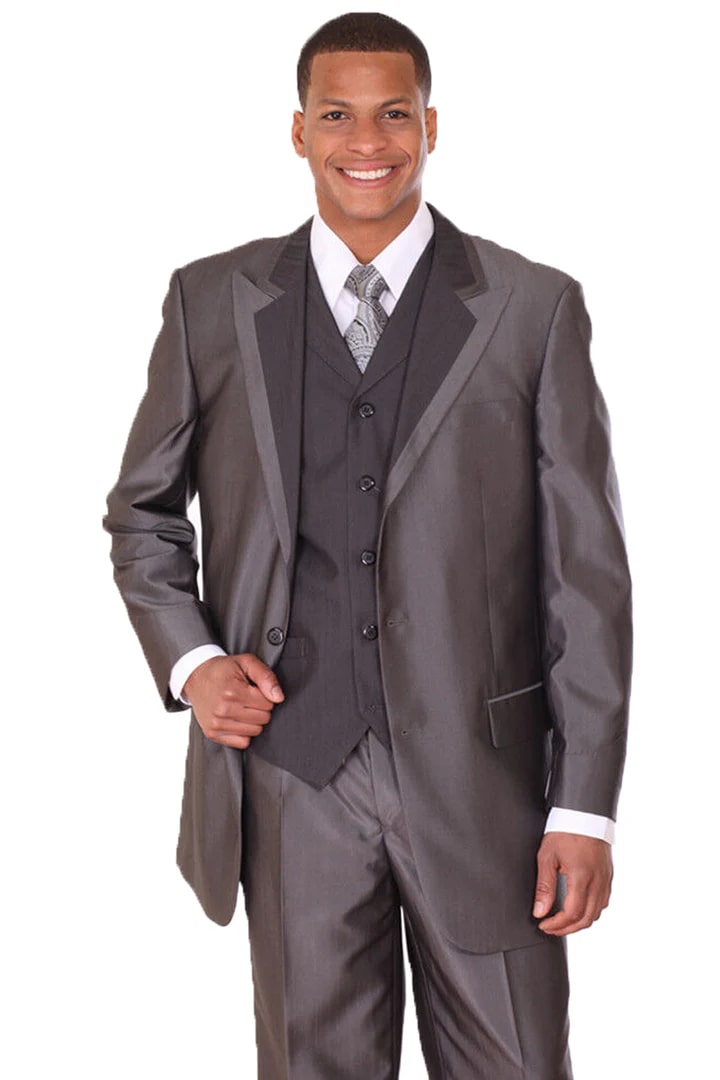 Cheap priced Suit- Mens 3 Button Vested Wide Peak Lapel Two Tone Sharkskin Black Suit - 38 Short Jacket+32 Waist Adjustable 28to34)(Height: 5 4 to5 7 )(Neck  15-16.5)S-M)
