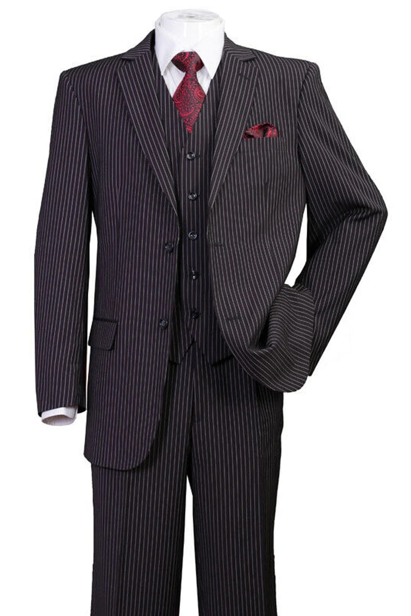 Mens 2 Button Vested Bold Gangster Pinstripe Suit in Black