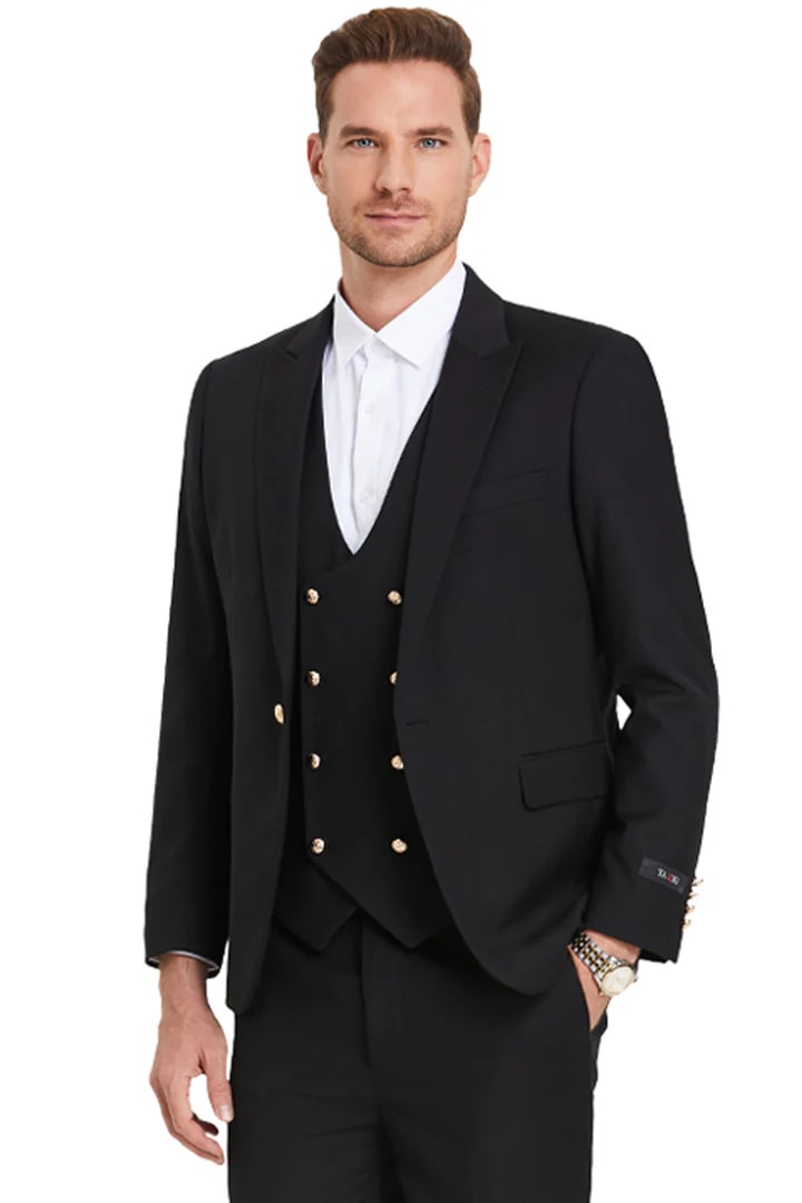 Cheap priced Suit - Men's One Button Peak Lapel Vested Black Suit With Gold Buttons - 38 Short Jacket+32 Waist Adjustable 28to34)(Height: 5 4 to5 7 )(Neck  15-16.5)S-M)