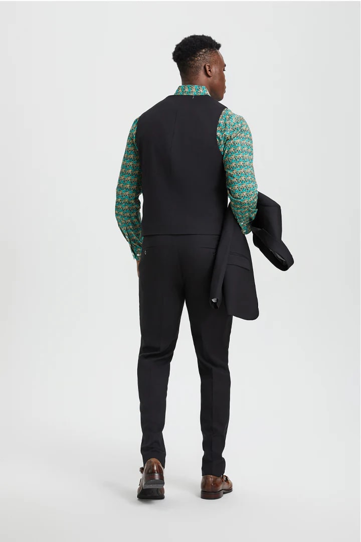 Cheap priced Suit - Men's Vested One Button Peak Lapel Stacy Adams Designer Black Suit - 38 Short Jacket+32 Waist Adjustable 28to34)(Height: 5 4 to5 7 )(Neck  15-16.5)S-M)