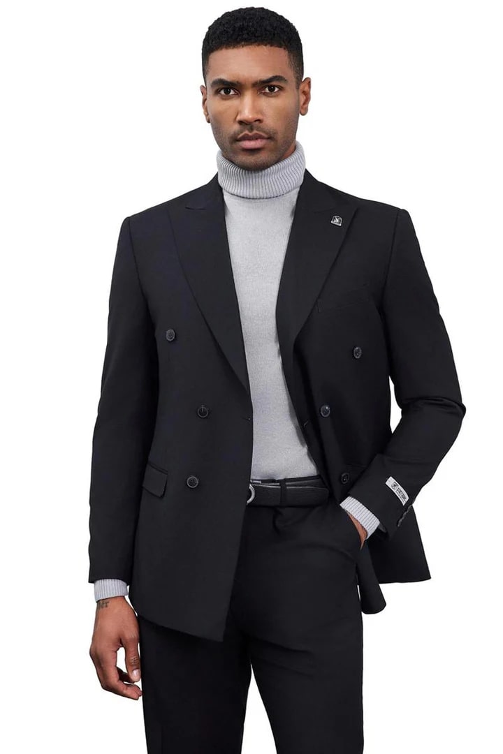 Cheap Priced Suit - Men's Designer Stacy Adams Classic Double Breasted Black Suit - 38 Short Jacket+32 Waist Adjustable 28to34)(Height: 5 4 to5 7 )(Neck  15-16.5)S-M)