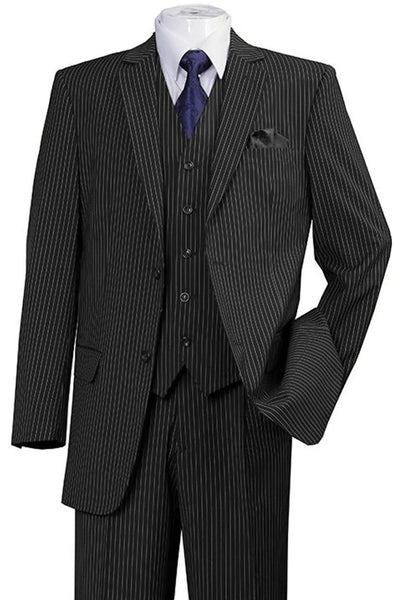 Cheap Priced Suit  - Mens 2 Button Vested 1920's Bold Gangster Pinstripe Black Suit