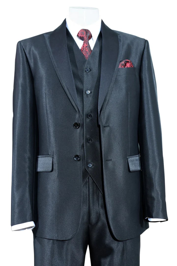 Cheap Priced Suit- Mens 2 Button Vested Slim Fit Shiny Sharkskin Tuxedo Black Suit - 38 Short Jacket+32 Waist Adjustable 28to34)(Height: 5 4 to5 7 )(Neck  15-16.5)S-M)