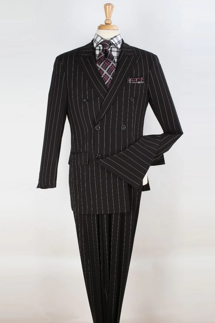 Cheap Suit - Mens Double Breasted 1920's Wide Bold Gangster Pinstripe Black Suit