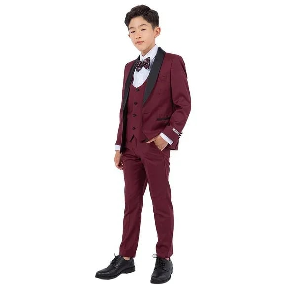 New Stacy Adams Boys Burgundy Tuxedo Set, 5-Piece Black Shawl Collar