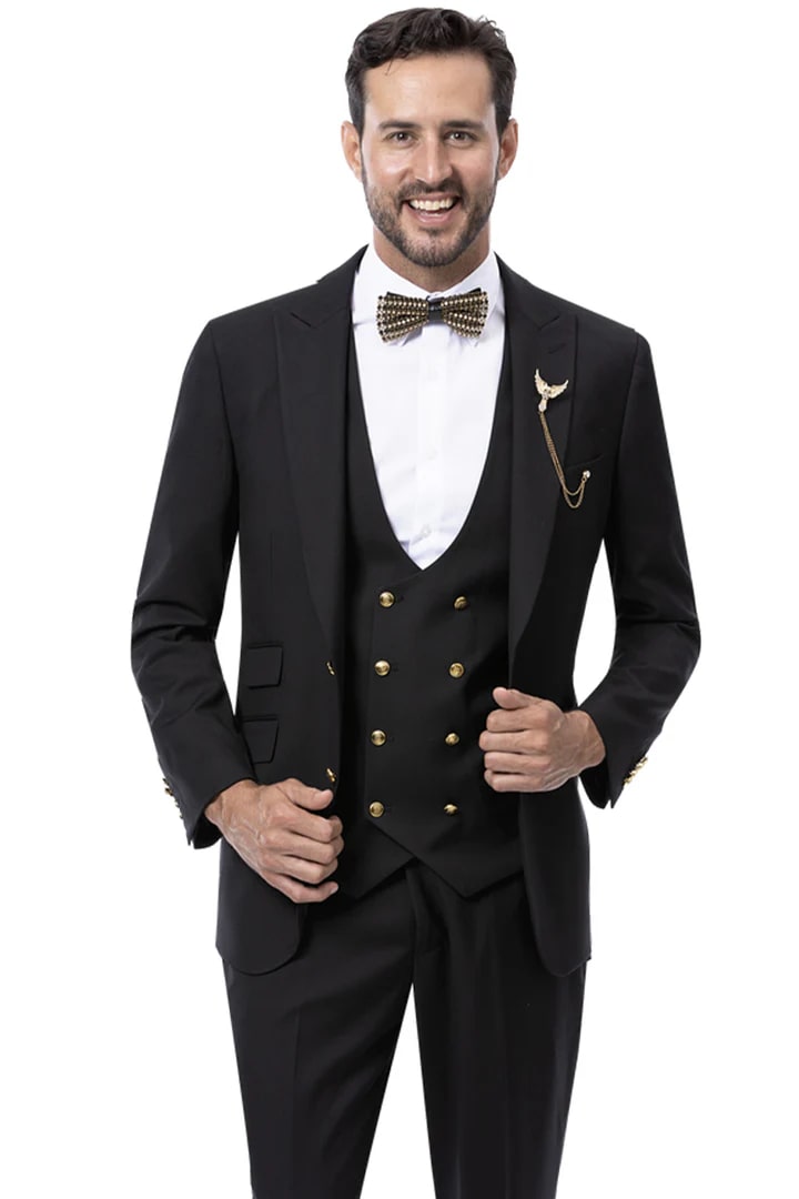 Cheap Suit - Mens Modern Two Button Vested Peak Lapel Black Suit With Double Breasted Vest  & Gold Buttons