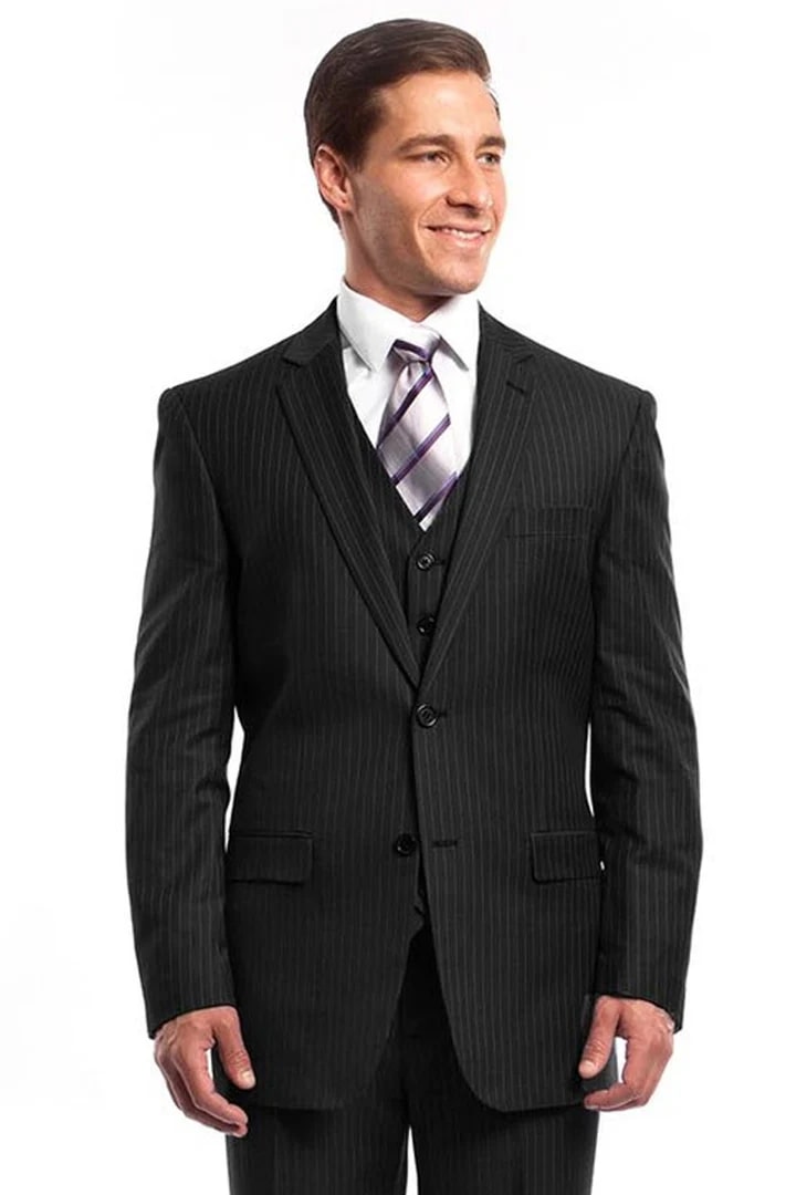 Cheap Suit - Men's Two Button Vested Business Black Pinstripe Suit