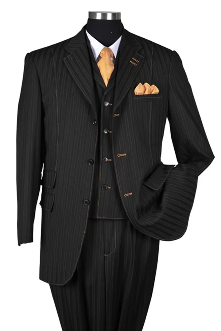Cheap Priced Suit - Mens 3 Button Vested Tonal Pinstripe Fashion Black Suit - 38 Short Jacket+32 Waist Adjustable 28to34)(Height: 5 4 to5 7 )(Neck  15-16.5)S-M)