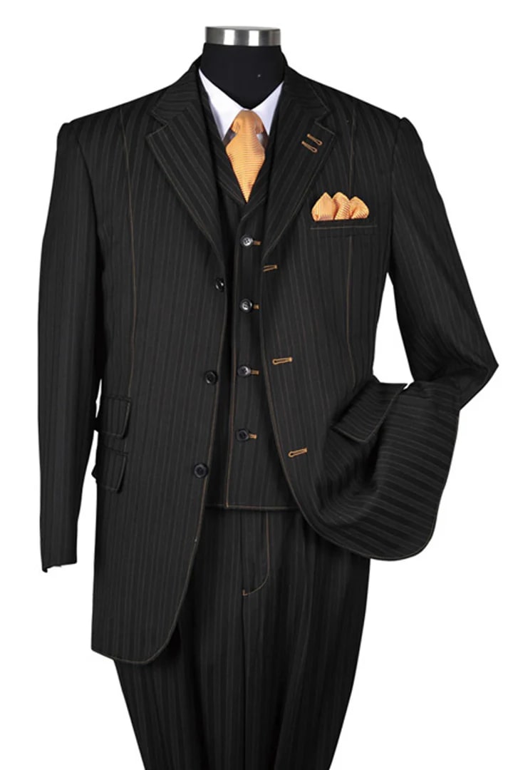 Cheap Suit - Mens 3 Button Vested Tonal Pinstripe Fashion Black Suit - 38 Short Jacket+32 Waist Adjustable 28to34)(Height: 5 4 to5 7 )(Neck  15-16.5)S-M)