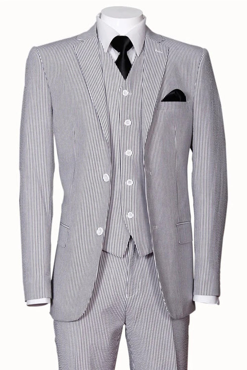 Cheap priced Suit - Mens 2 Button Jacket + Pants Summer Seersucker Black Suit