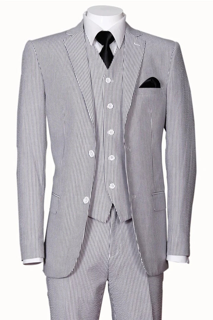 Cheap priced Suit - Mens 2 Button Jacket + Pants Summer Seersucker Black Suit