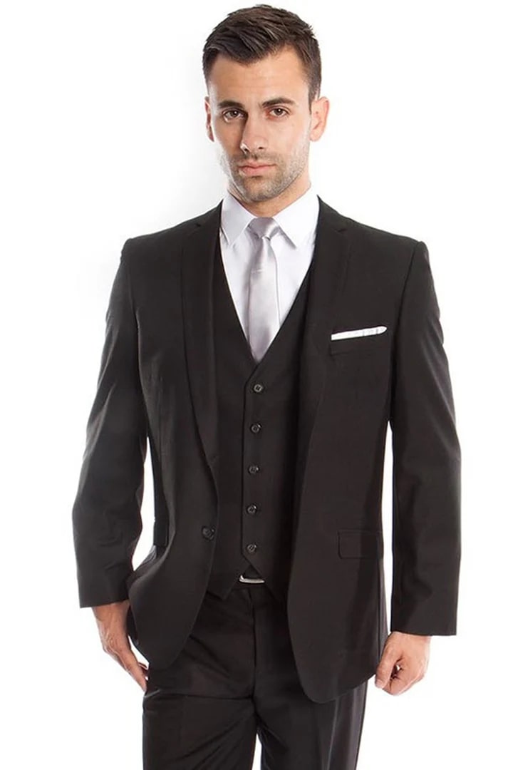 Cheap Suit - Men's Two Button Slim Fit Basic Vested Wedding Black Suit