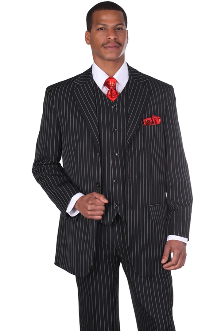 Cheap Suit -Mens 3 Button Vested Vintage Bold Gangster Pinstripe Suit Black Suit