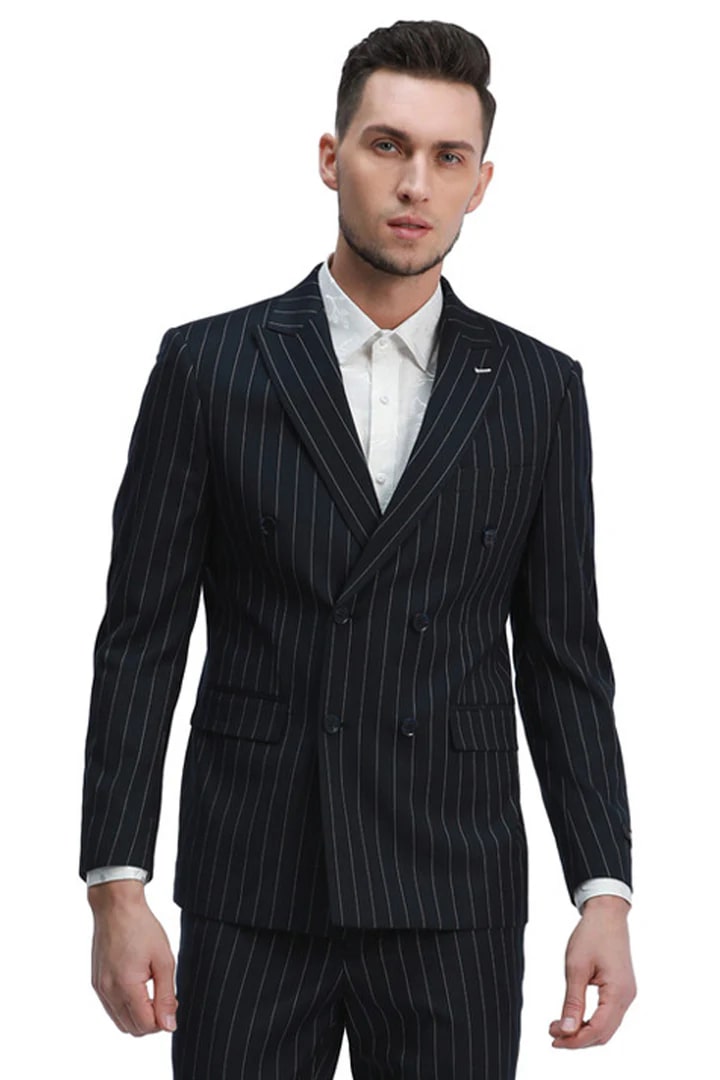 Cheap Suit - Men's Slim Fit Double Breasted Bold Gangster Pinstripe Black Suit