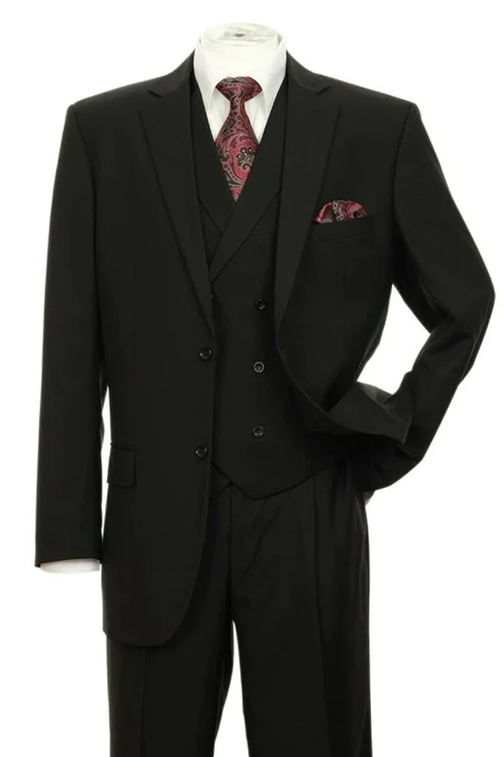Cheap Priced Suit  - Mens 2 Button Pleated Pant Suit In Black With Double Breasted Vest - 38 Short Jacket+32 Waist Adjustable 28to34)(Height: 5 4 to5 7 )(Neck  15-16.5)S-M)
