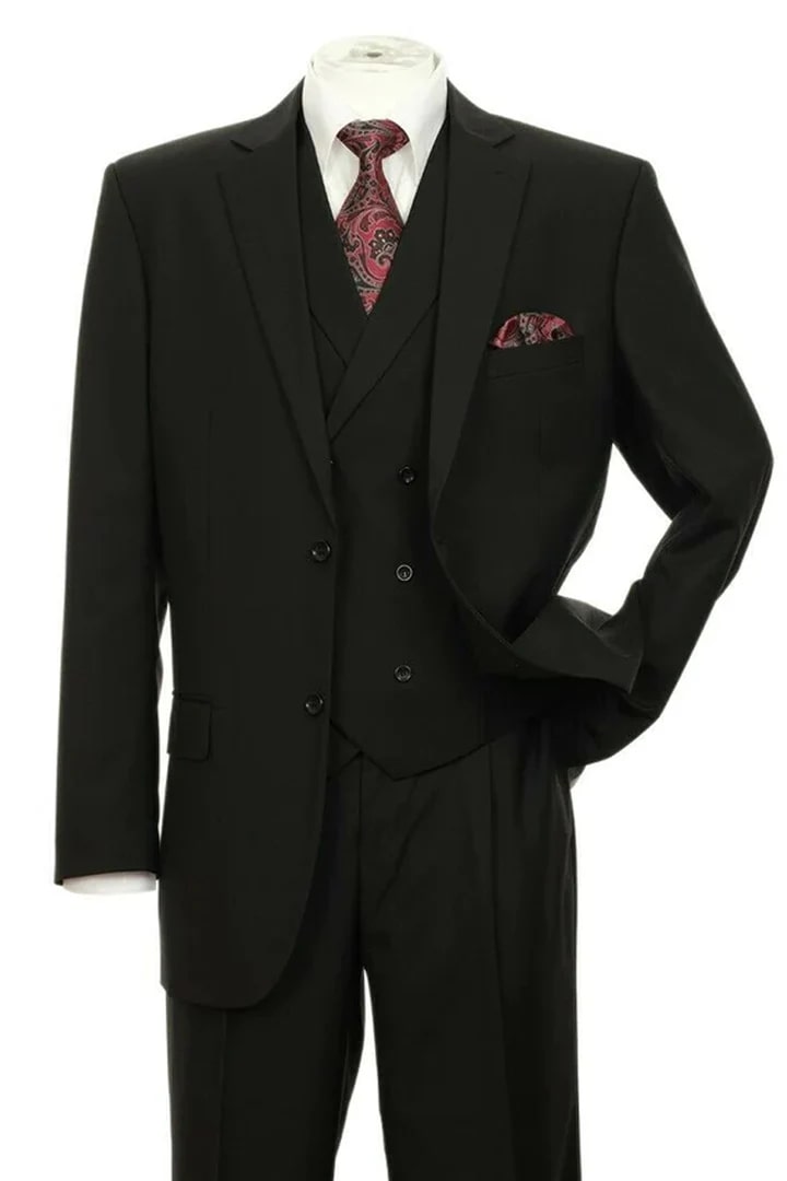 Cheap Suit - Mens 2 Button Pleated Pant Suit In Black With Double Breasted Vest