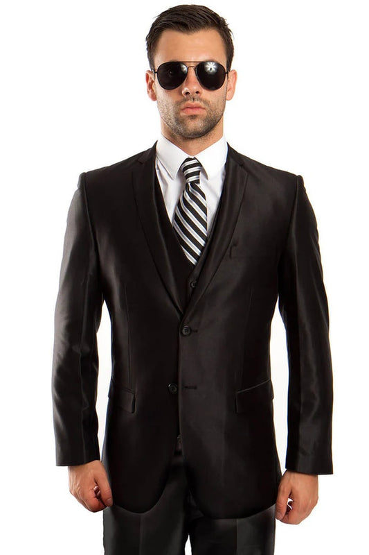 Cheap Suit - Men's Two Button Vested Shiny Sharkskin Wedding & Black Prom 2025 Suits