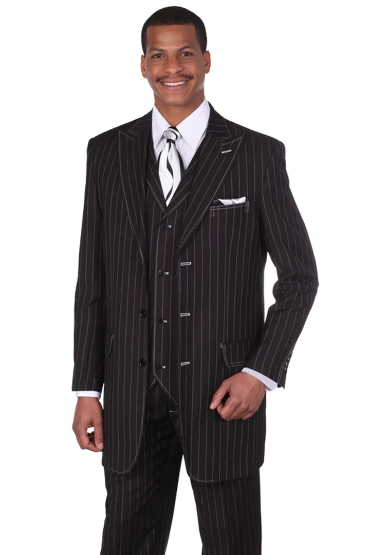 Cheap Suit - Mens Vintage Vested Gangster Bold Pinstripe Fashion Black And White Suit