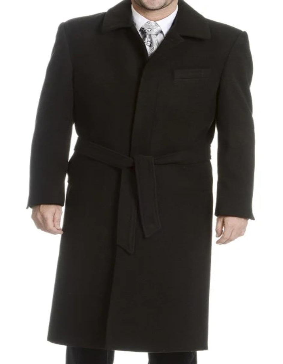 Mens Black Falcone Belted Top Coat Full Length Long Coat - Coat Size 38