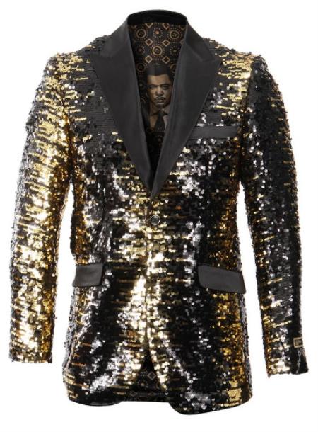 Sequin Tuxedo - Mens Blazer - Black and Gold Dinner Jacket - Peak Lapel Shiny Tuxedo Jacket - S