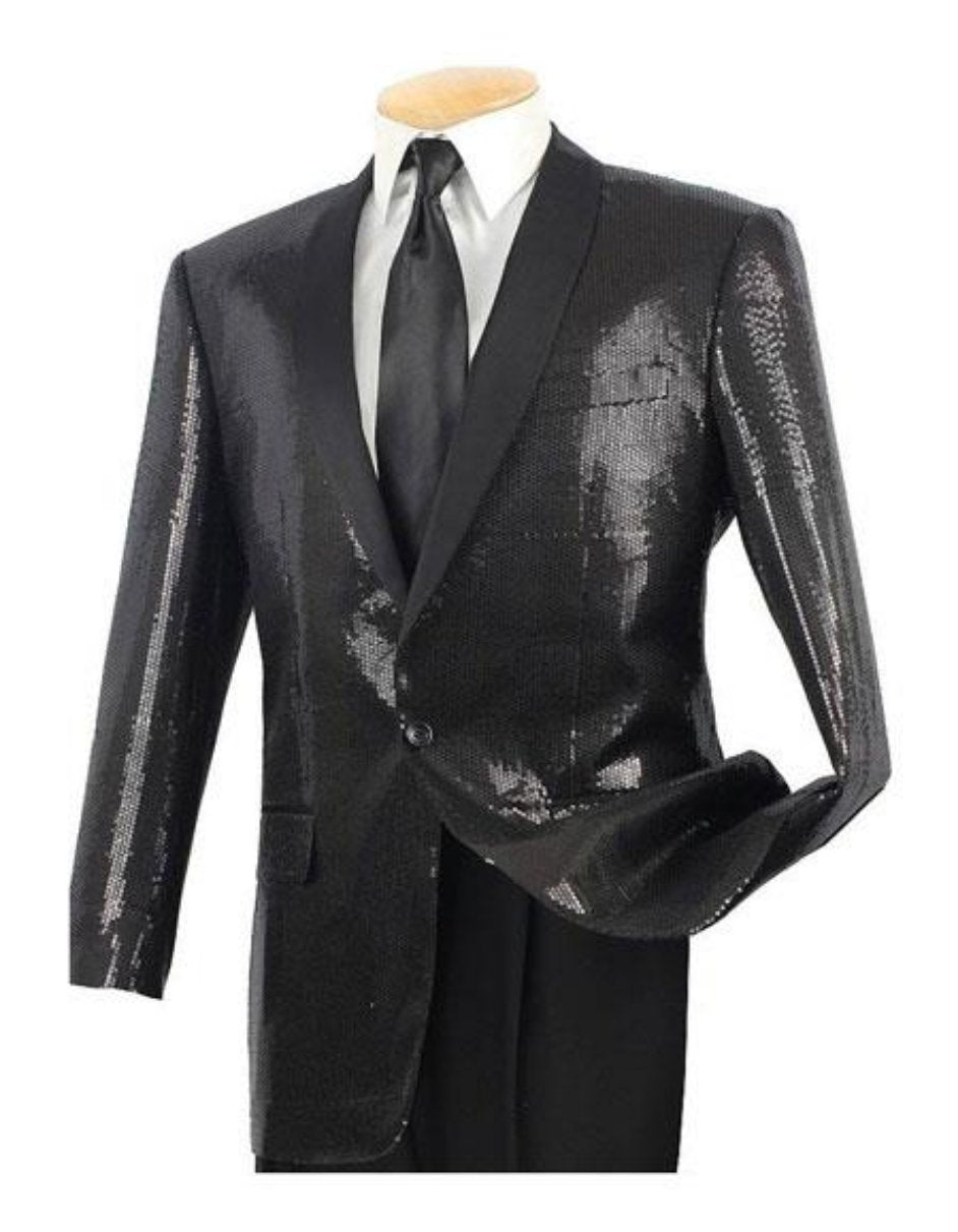 Sequin Tuxedo - Mens Blazer - Black Dinner Jacket - Classic Fit Shiny Tuxedo Jacket - S