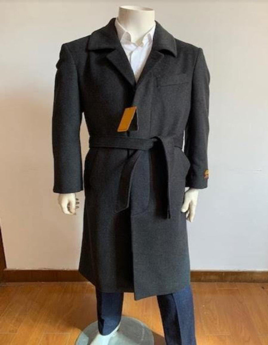 Mens Black Full Length Wool Belted Topcoat Falcone Long Coat - Coat Size 38