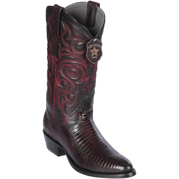 Los Altos Boots - Mens Dress Cowboy Boot - Low Priced Black Cherry Lizard Skin Western Boots- in Black Cherry - 6