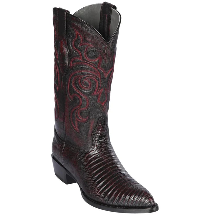 Los Altos Boots - Mens Dress Cowboy Boot - Low Priced Black Cherry Lizard Boots- in Black Cherry - 6