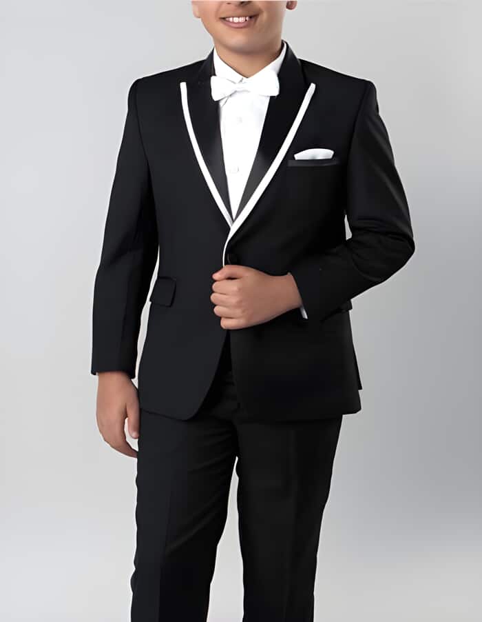 Black with White Trim 4 -Piece Set for Kids Teen Boys - Ring Bearer - Wedding - High Fashion Children Tuxedo