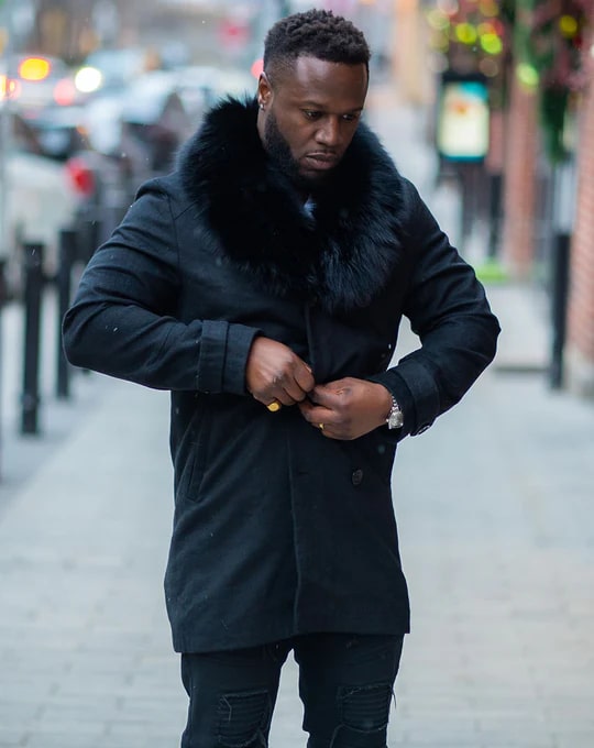 Mens Peacoat With Fur Collar  - Black Wool Coat