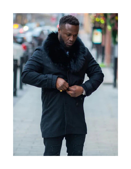 Mens Peacoat With Fur Collar  - Black Wool Coat