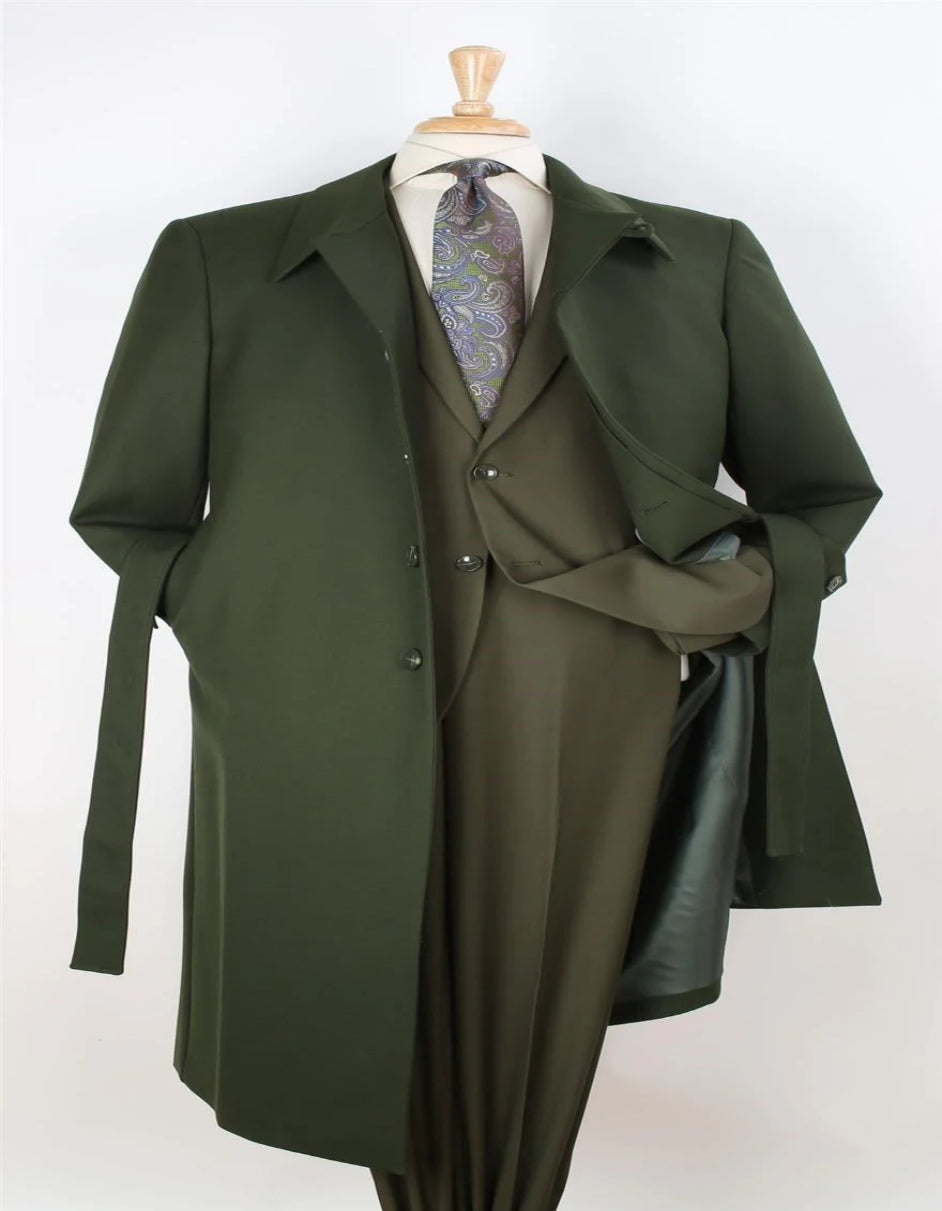 Mens Black Diamond Solid Green 100% Wool Gabardine Belted Duster Overcoat - Coat Size 38