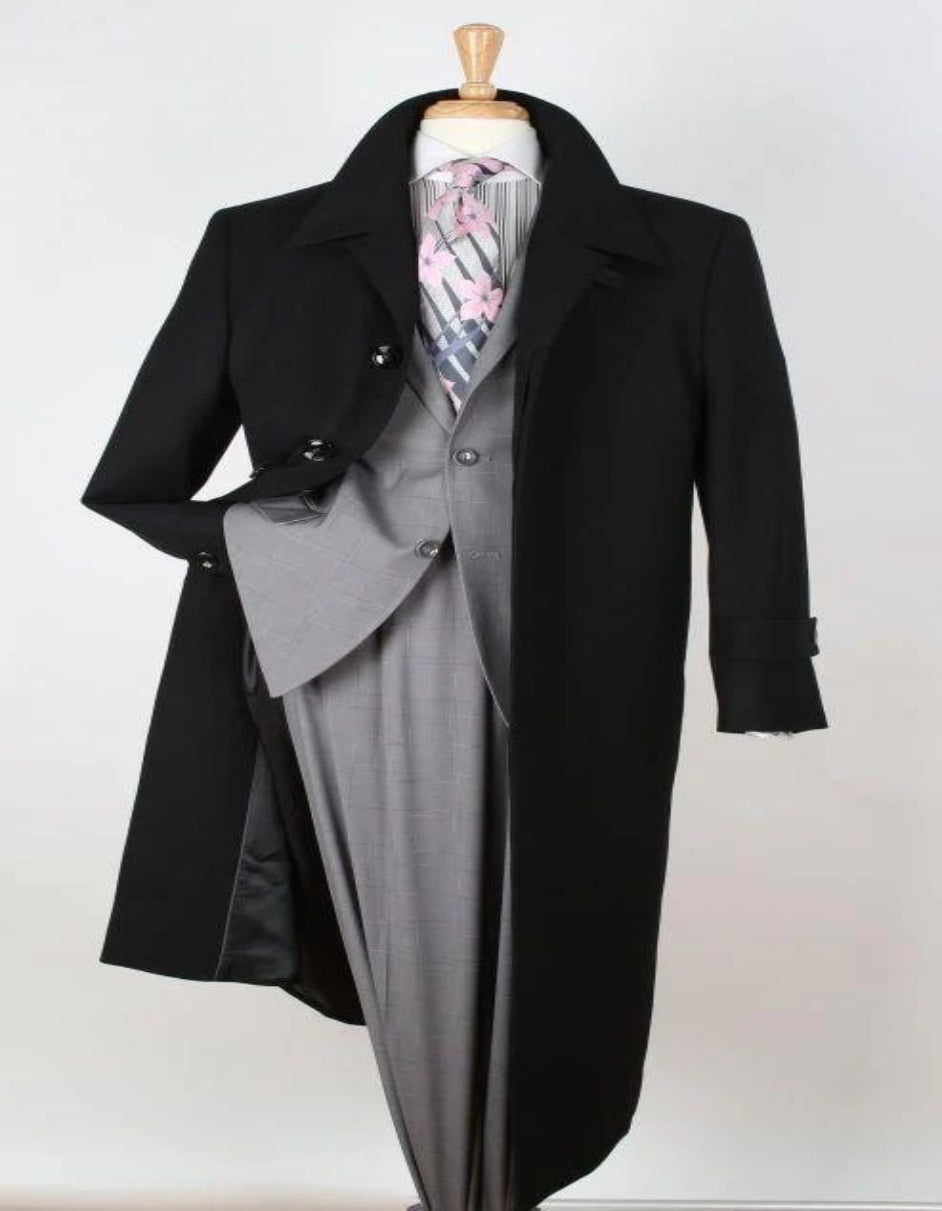 Mens Black Diamond Solid Black 100% Wool Gabardine Belted Duster Overcoat - Coat SIze 38