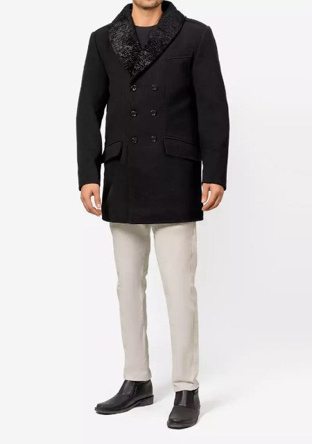 Mens Peacoat With Fur Collar  - Black Wool Button Coat