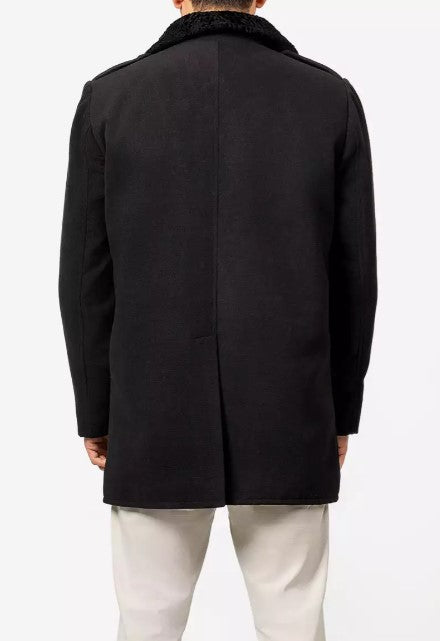 Mens Peacoat With Fur Collar  - Black Wool Button Coat